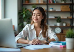 Профессионал, преодолевающий прокрастинацию с помощью техник эмоционального интеллекта, на фоне рабочего стола с ноутбуком и календарём