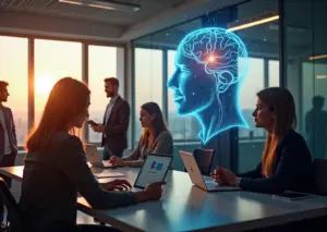 Профессиональное офисное окружение с людьми, работающими вместе, символизирующее эмоциональный интеллект и модель SCARF