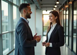Два коллеги ведут непринужденный разговор в офисе, демонстрируя навыки общения и эмоционального интеллекта