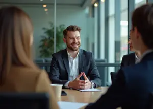 Профессионал, спокойно отвечающий на каверзные вопросы в сложной аудитории в современном офисе