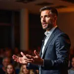 Спикер в открытой уверенной позе жестами общается с аудиторией, внимательные слушатели на заднем плане