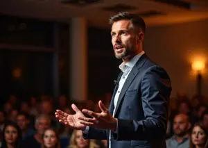 Спикер в открытой уверенной позе жестами общается с аудиторией, внимательные слушатели на заднем плане