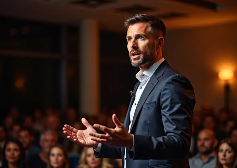 Спикер в открытой уверенной позе жестами общается с аудиторией, внимательные слушатели на заднем плане