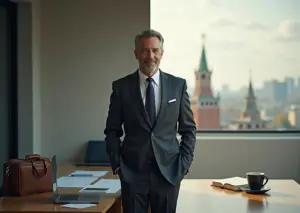 Профессионал на границе офиса и парка символизирующий поиск баланса между работой и личной жизнью на фоне размытого городского пейзажа