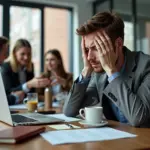 Профессионал за офисным столом выглядит уставшим, коллеги предлагают поддержку, элементы восстановления на рабочем месте