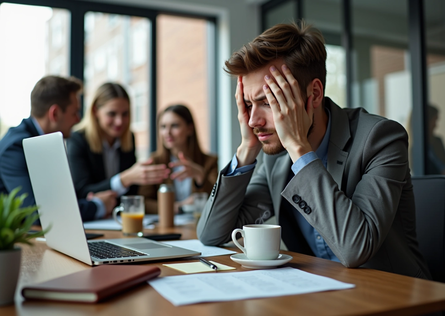 Профессионал за офисным столом выглядит уставшим, коллеги предлагают поддержку, элементы восстановления на рабочем месте