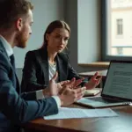 Сцена конструктивной обратной связи в офисе: менеджер говорит, сотрудник слушает с записной книжкой, выражение эмпатии и профессионализма