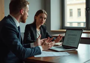 Сцена конструктивной обратной связи в офисе: менеджер говорит, сотрудник слушает с записной книжкой, выражение эмпатии и профессионализма