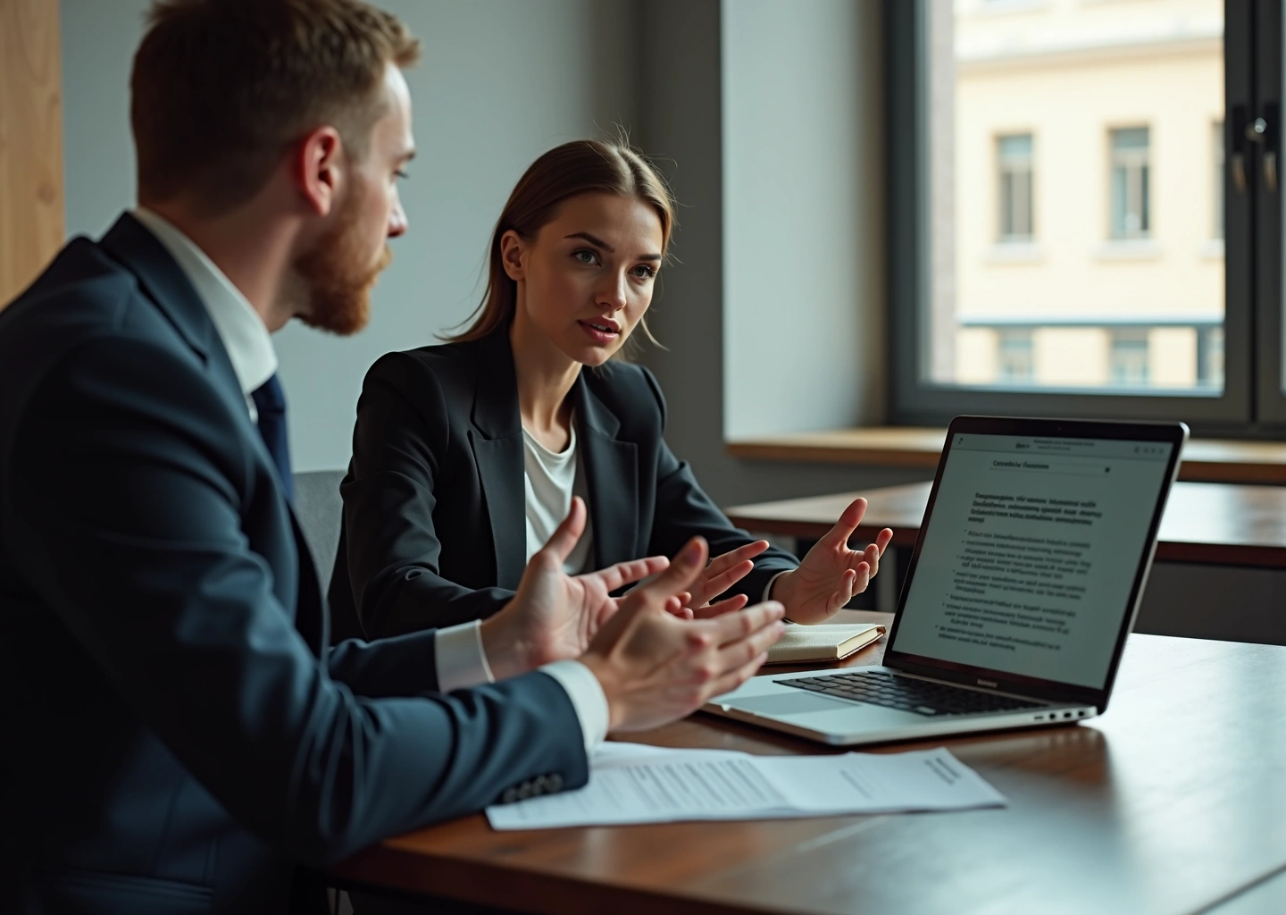 Сцена конструктивной обратной связи в офисе: менеджер говорит, сотрудник слушает с записной книжкой, выражение эмпатии и профессионализма