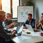 Многопоколенческая команда в российском офисе обсуждает проект за столом, люди разных возрастов делятся идеями