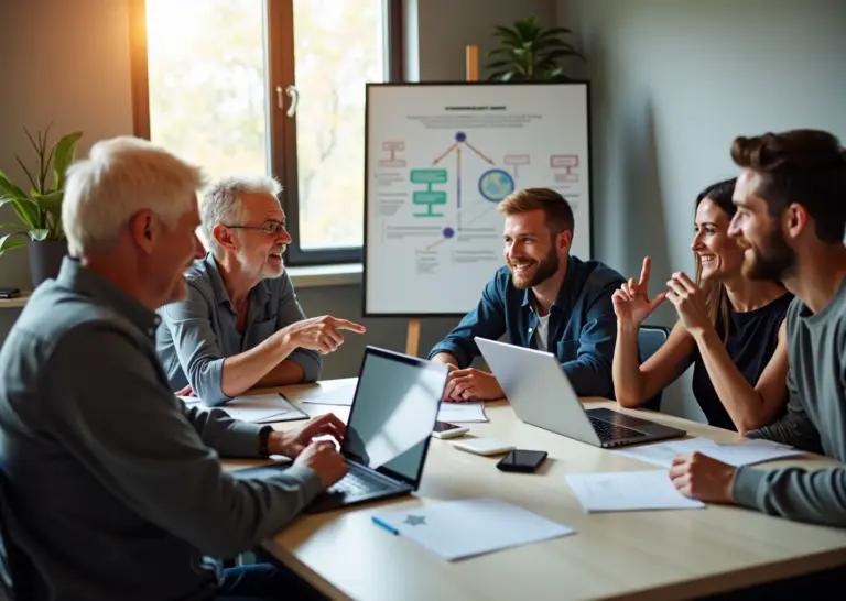 Многопоколенческая команда в российском офисе обсуждает проект за столом, люди разных возрастов делятся идеями