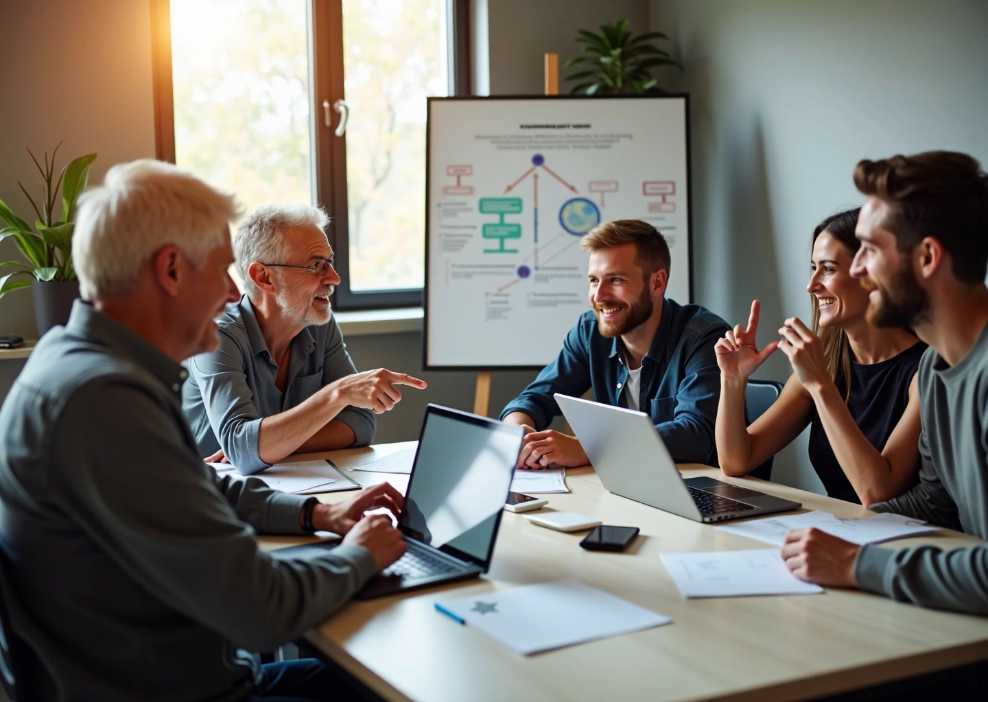 Многопоколенческая команда в российском офисе обсуждает проект за столом, люди разных возрастов делятся идеями