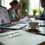 Профессионал пишет в дневнике эмоций на рабочем столе рядом с телефоном и графиками настроения