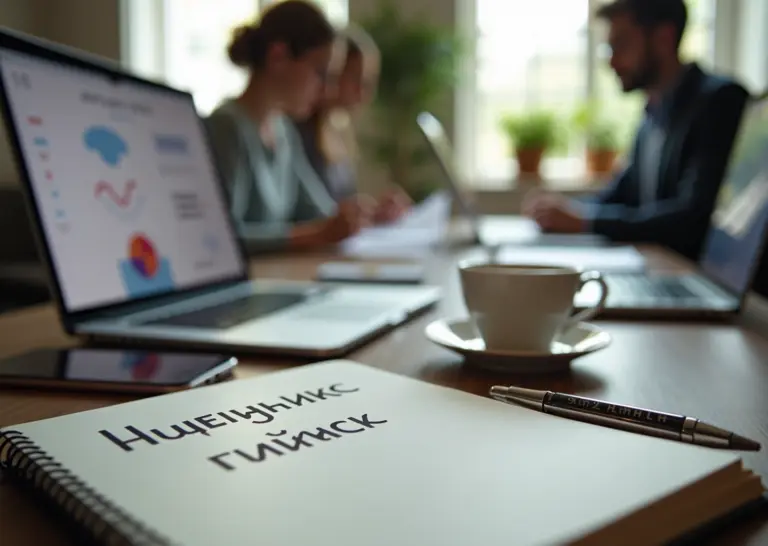 Профессионал пишет в дневнике эмоций на рабочем столе рядом с телефоном и графиками настроения