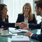 Российские профессионалы в переговорной обмениваются рукопожатием за столом с пометкой BATNA на блокноте, лицо и жесты показывают доверие и согласие
