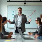 Руководитель поддерживает мотивированную разношёрстную команду в офисе, обсуждение плана и рост показателей на доске