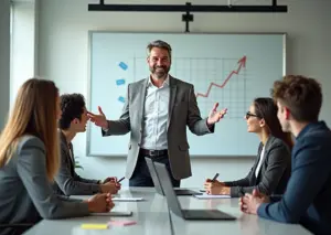 Руководитель поддерживает мотивированную разношёрстную команду в офисе, обсуждение плана и рост показателей на доске