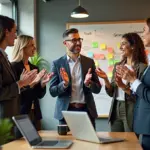 Команда в офисе: руководитель благодарит сотрудника, коллеги аплодируют, заметны стикеры и слова доверие рост обучение