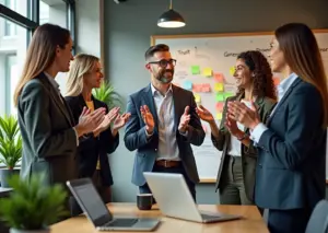 Команда в офисе: руководитель благодарит сотрудника, коллеги аплодируют, заметны стикеры и слова доверие рост обучение