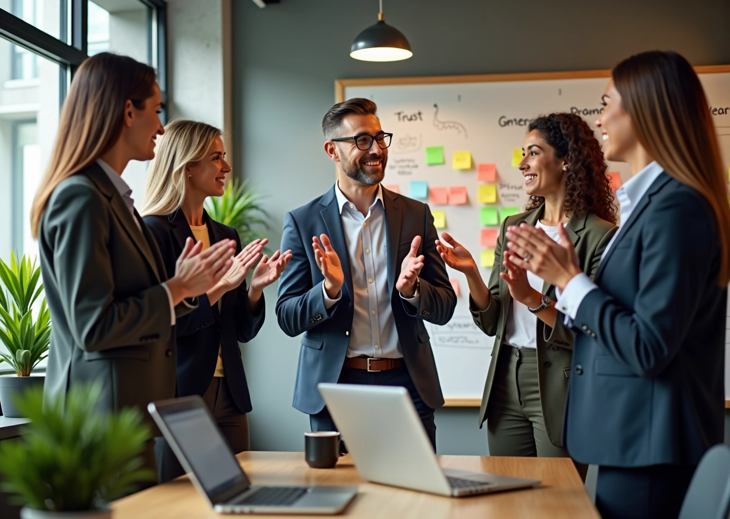 Команда в офисе: руководитель благодарит сотрудника, коллеги аплодируют, заметны стикеры и слова доверие рост обучение