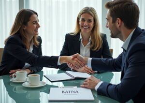 Российские профессионалы в переговорной обмениваются рукопожатием за столом с пометкой BATNA на блокноте, лицо и жесты показывают доверие и согласие