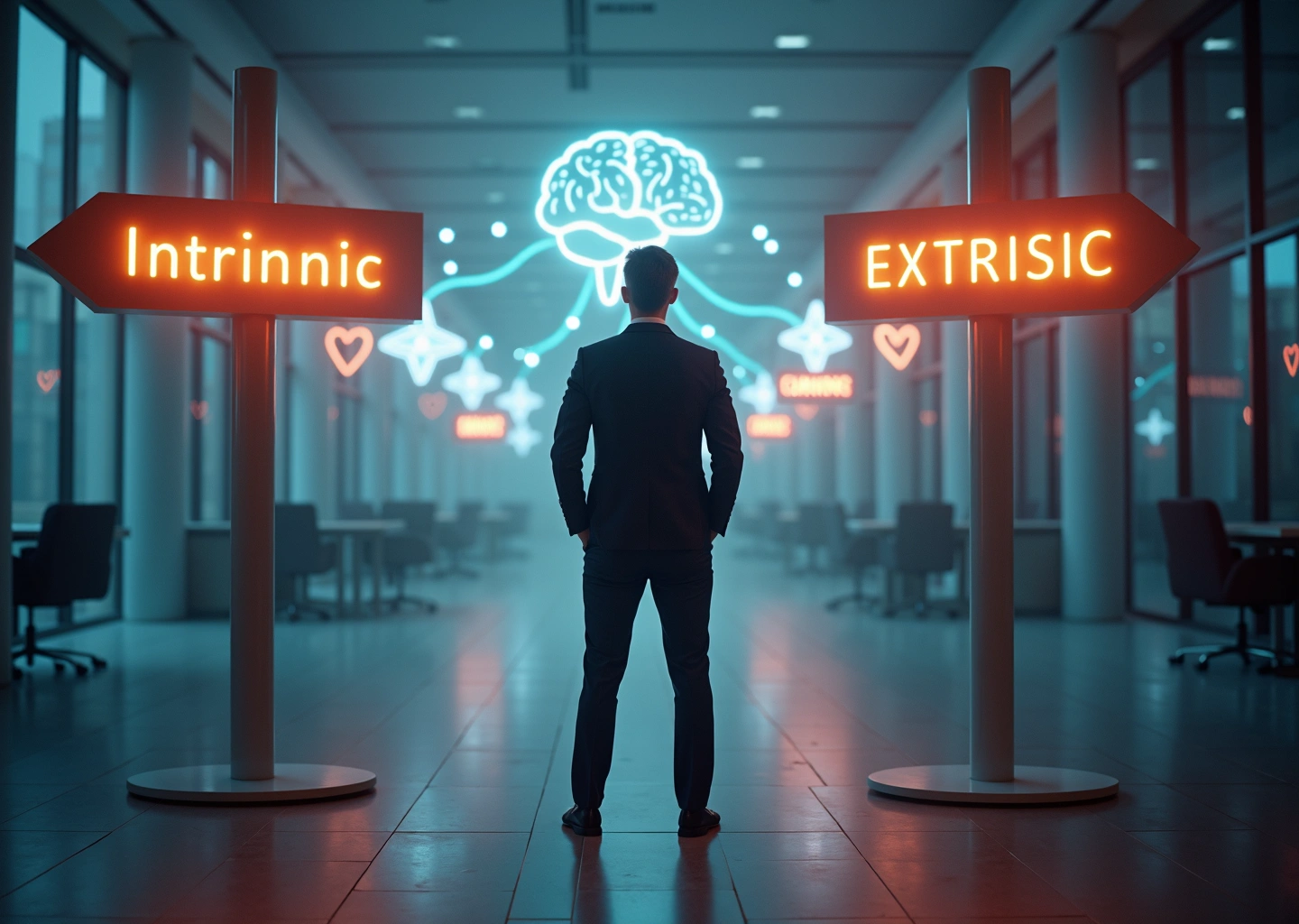 Профессионал на перекрестке выбора между внутренней и внешней мотивацией, символы эмоционального интеллекта на фоне современного офиса