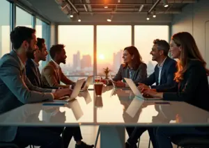 Профессиональная команда в офисе, демонстрирующая доверие, открытое общение и взаимодействие, символизирующие пять пороков команды по Патрику Ленсиони и развитие эмоционального интеллекта