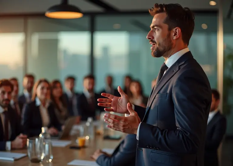 Профессиональный оратор использует выразительную модуляцию голоса, стратегические паузы и разнообразную интонацию на деловой конференции