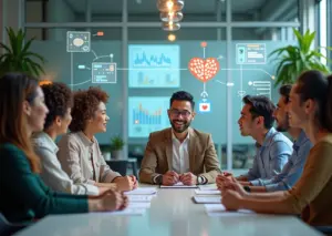 Профессиональная команда в офисе обсуждает постановку целей с использованием методов SMART и эмоционального интеллекта