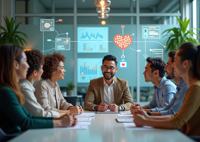 Профессиональная команда в офисе обсуждает постановку целей с использованием методов SMART и эмоционального интеллекта