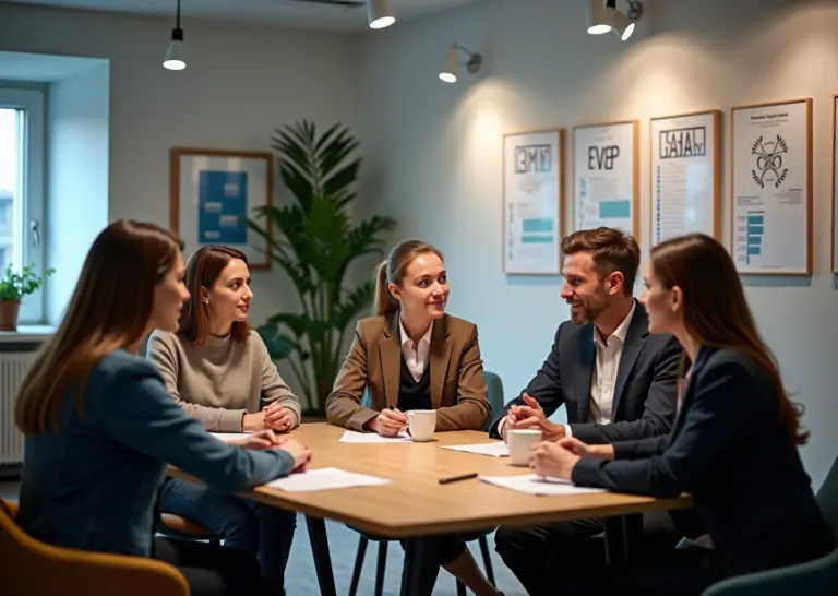 Профессионалы в российском офисе, использующие эмоциональный интеллект в командной работе и общении